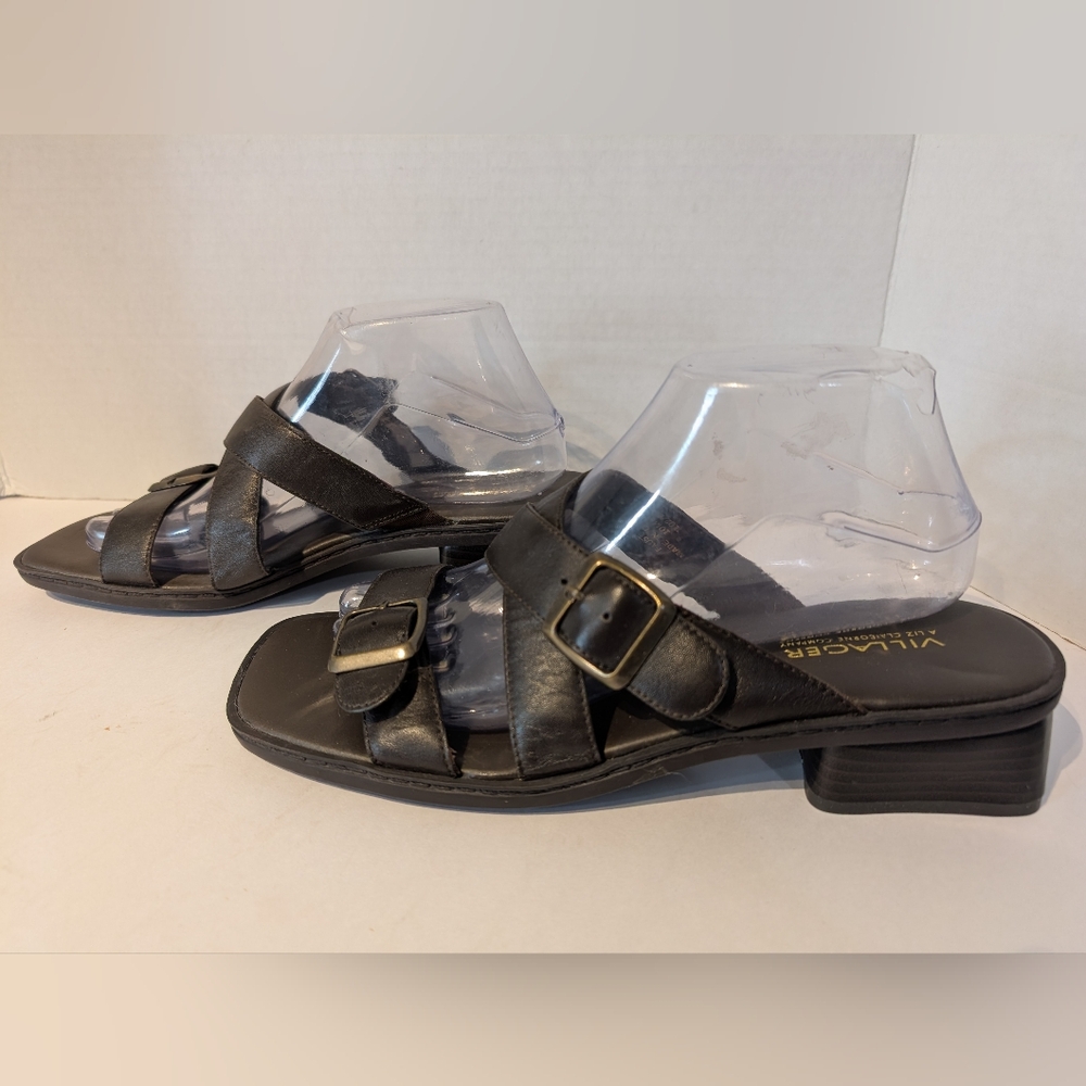 Villager Brown Buckle Sandals Slides Block Heel Sz. 10M